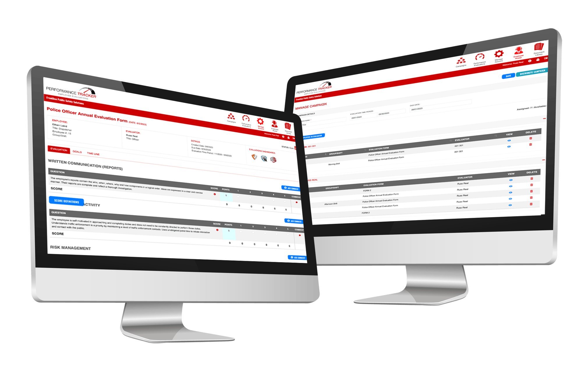 An image featuring Performance Tracker, a law enforcement and dispatch employee evaluation software by Frontline.