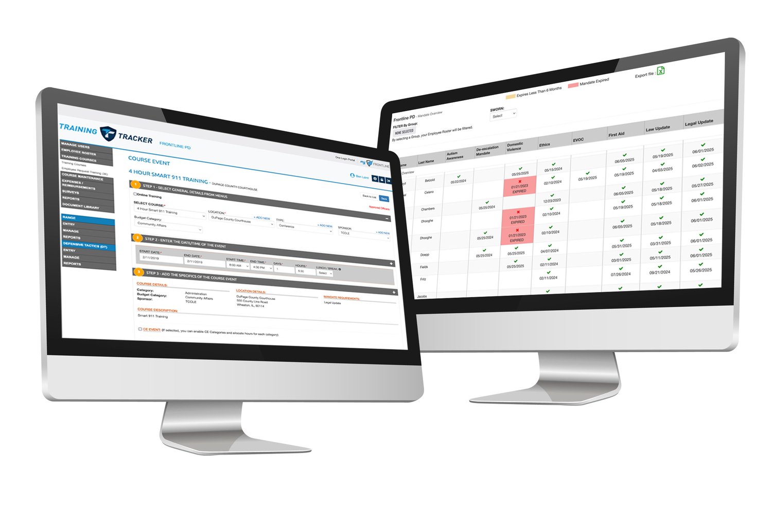 An image featuring Training Tracker, a law enforcement training and dispatch training software by Frontline.